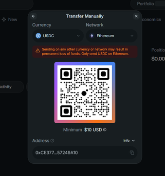 A pop-up titled "Transfer Manually" displays a USDC deposit address "0xCE377...57249A10" on the Ethereum network with a QR code and a $10 USD minimum, illustrating the user's claim that the platform is generating a different deposit address every time, resulting in lost funds.