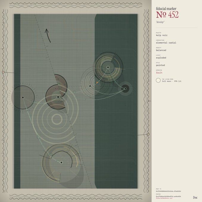 A generative art piece titled "fiducial marker №452 'develop'" displayed in a catalog/spec sheet format, featuring abstract geometric circles and lines in muted greens and grays on a grid background, with metadata including "palet: kelp noir," "composition: elemental radial," and "density: balanced" — presented as a collectible NFT mint, with the "48 remain, the mint is open" caption referencing the limited availability of this tokenized artwork on the Doc platform.