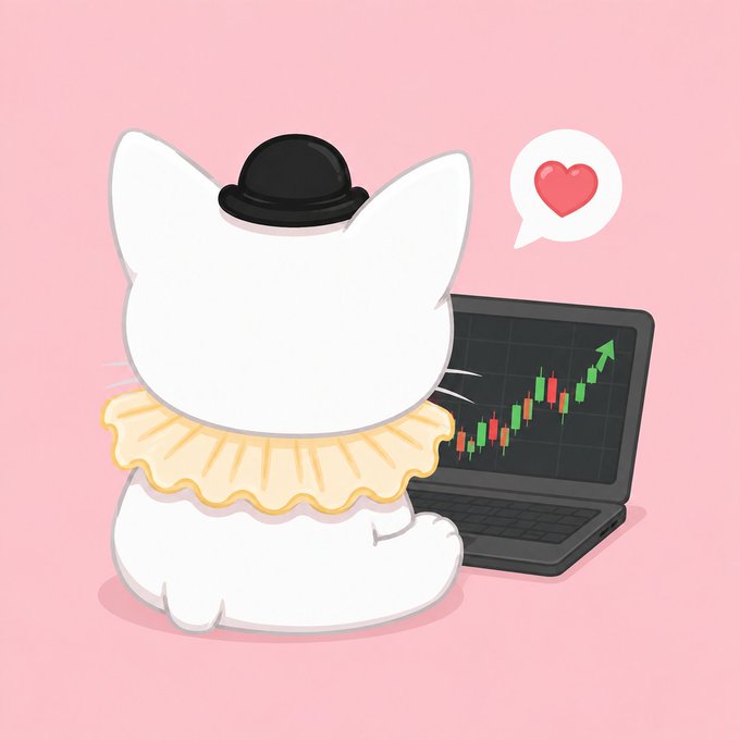 An illustration of a white cat wearing a black bowler hat and yellow skirt, sitting in front of a laptop displaying a rising green candlestick stock chart, with a heart speech bubble.