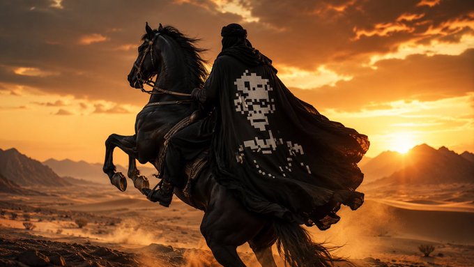 A hooded figure in a black cloak with a pixelated skull design rides a rearing black horse through a dusty desert landscape at sunset.