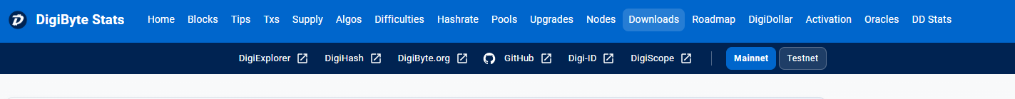 A screenshot of the DigiByte Stats website navigation bar showing menu options like Home, Blocks, Tips, Txs, Supply, Algos, Difficulties, Hashrate, Pools, Upgrades, Nodes, Downloads, Roadmap, DigiDollar, Activation, Oracles, and DD Stats, along with external links to DigiExplorer, DigiHash, DigiByte.org, GitHub, Digi-ID, and DigiScope.
