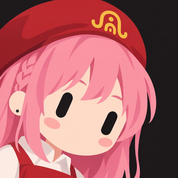 An anime-style illustration of a pink-haired character wearing a red hat with a yellow symbol.