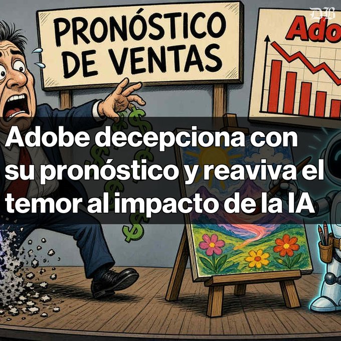 A WSJ illustration showing a panicked businessman next to a sign reading 'PRONÓSTICO DE VENTAS' with overlaid headline 'Adobe decepciona con su pronóstico y reaviva el temor al impacto de la IA'.
