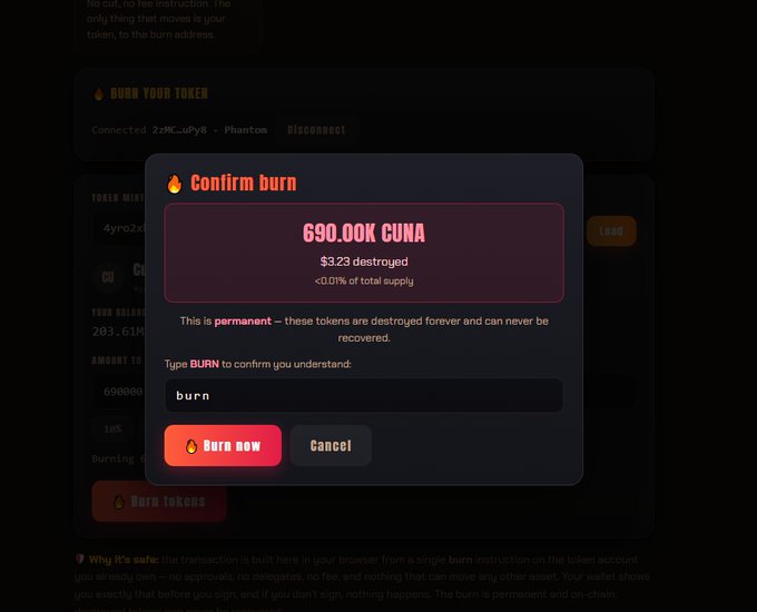 A cryptocurrency interface shows a 'Confirm burn' dialog for 690.00K CUNA ($3.23 destroyed, <0.01% of total supply), requiring the user to type 'burn' to confirm the permanent destruction of tokens.
