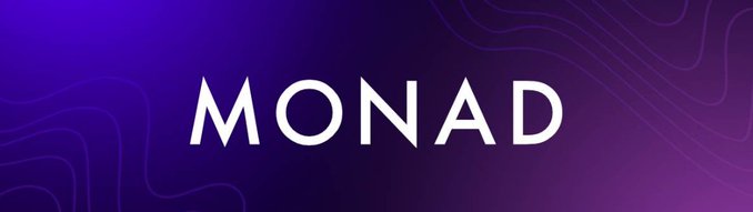 A branding banner displaying the word 'MONAD' in white capital letters against a purple gradient background with subtle wavy line patterns.