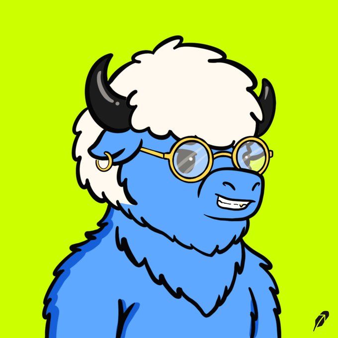 A cartoon blue furry creature with horns, a white fluffy mane, and round yellow-tinted glasses against a bright green background.
