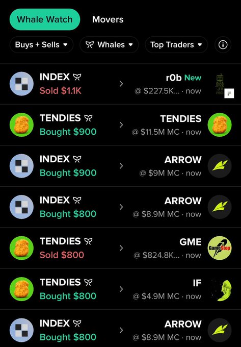 A screenshot of the Whale Watch feature on Robinhood Chain displays recent smart money activity, including TENDIES being sold for $800 and INDEX being bought for $800 on GME, alongside other transactions involving r0b, ARROW, and IF at varying market caps. The interface showcases faster alerts and real-time tracking of top wallets, aligning with the post's announcement of a rebuilt, sharper engine for monitoring on-chain whale movements.