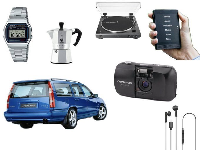 A product collage showcases various items including a silver Casio digital watch, a silver Bialetti moka pot, a turntable record player, a hand holding a smartphone menu showing Phone/Alarm/Podcasts, a blue Volvo V70R AWD station wagon, an Olympus μ[mju:] camera, and black earphones.