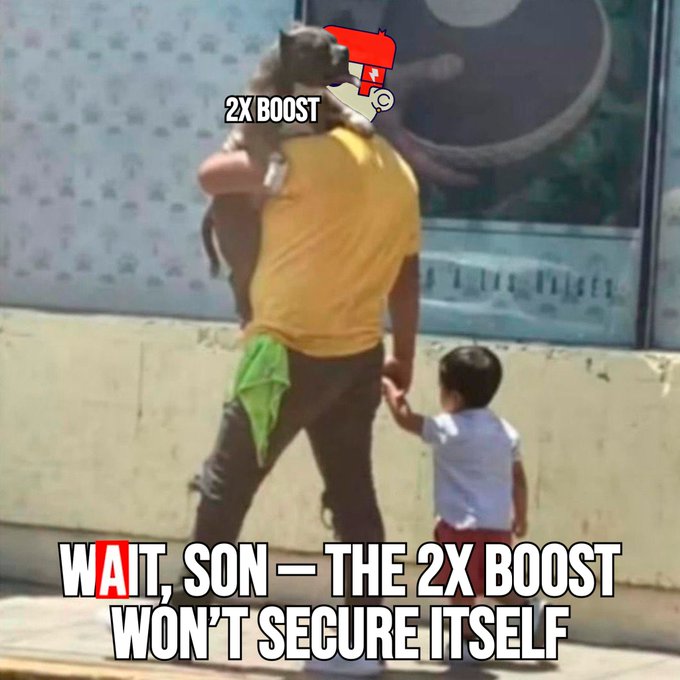The image shows a man walking with his son down the street, both holding hands while wearing yellow shirts. The background features an advertisement for a product called "2x boost" that has been posted on social media platforms.