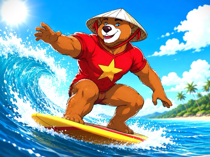 A cartoon illustration of an anthropomorphic brown bear wearing a conical hat and a red Vietnam flag t-shirt, surfing on a yellow surfboard in tropical waters.