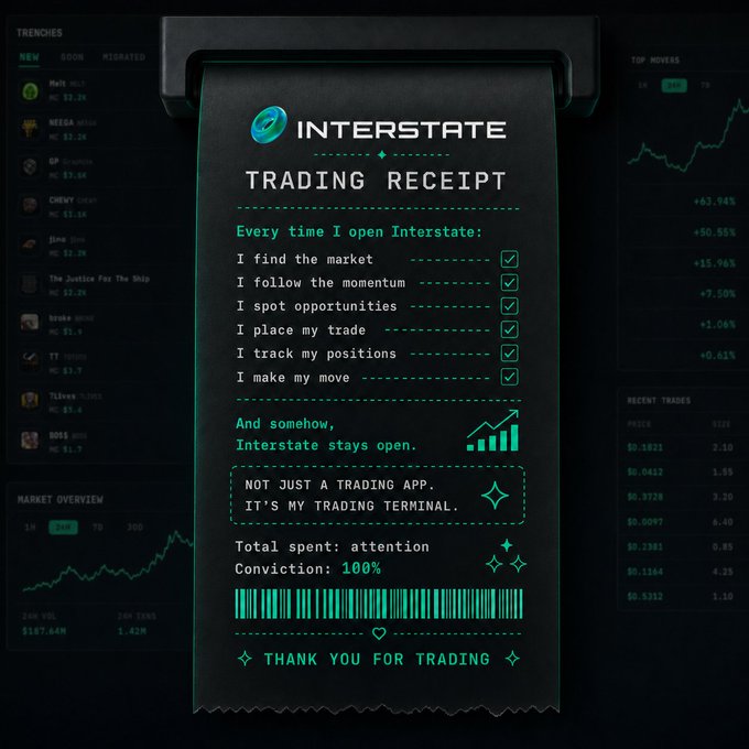 A stylized "Interstate Trading Receipt" mocks a financial app by listing tongue-in-cheek line items like "I open Interstate," "I find the market," "I make my move," and tallying the total as "attention" paid with "Conviction: 100%," surrounded by a dashboard backdrop showing trenders, market overviews, and recent trade prices (e.g., $0.1621, $0.0432, $0.3729). The whimsical barcode-stamped receipt creatively literalizes the post's joke that your only "cost" for using Interstate is your attention.