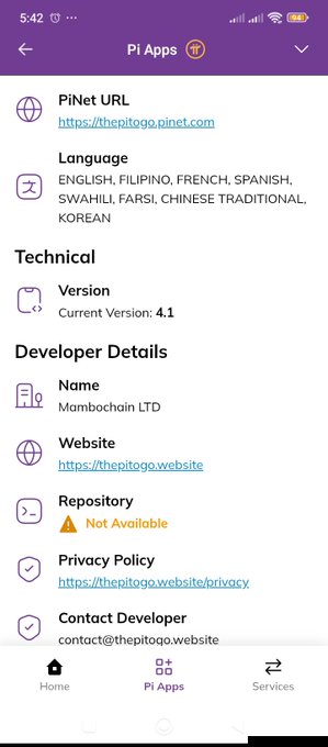Screenshot of the Pi Browser's "Pi Apps" page for The PiTogo app, showing its official website (thepitogo.pinet.com), available languages, current version 4.1, and developer Mambochain LTD contact details.