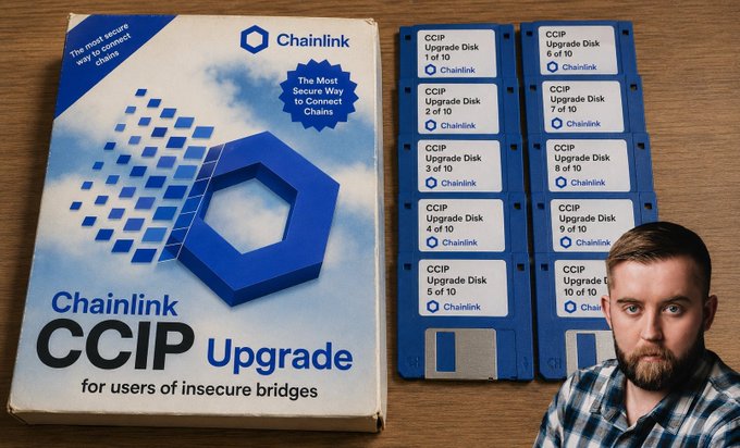 A box of "Chainlink CCIP Upgrade" software (labeled "for users of insecure bridges" and "The Most Secure Way to Connect Chains") sits on a wooden table next to ten labeled 3.5" floppy disks marked "CCIP Upgrade Disk 1 of 10" through "10 of 10," with a bearded man in a plaid shirt pictured in the corner. The image humorously illustrates the post about $LINK by Chainlink, using outdated floppy disks to represent the "upgrade" needed for insecure blockchain bridges to Chainlink's more secure CCIP (Cross-Chain Interoperability Protocol) system.