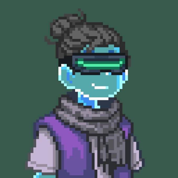 Pixel art portrait of a blue-skinned character wearing futuristic green visor glasses and a purple outfit with a grey scarf against a green background.