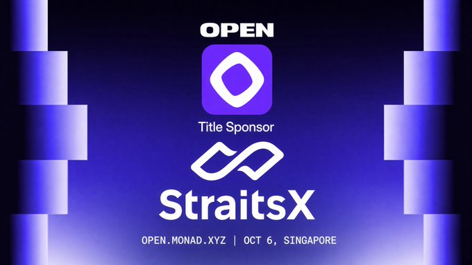 A promotional graphic displaying 'OPEN' with the Monad logo as Title Sponsor, featuring 'StraitsX' with event details 'OPEN.MONAD.XYZ | OCT 6, SINGAPORE'.