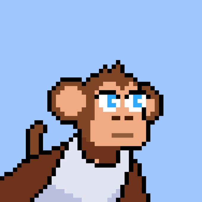 Pixel art style illustration of a brown monkey character with blue eyes wearing a white tank top against a light blue background.