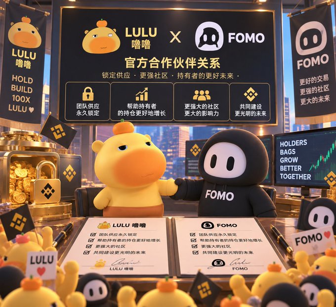 A promotional image showing a partnership between 'LULU 噜噜' and 'FOMO' featuring two mascots (a yellow giraffe-like character and a black hooded figure) shaking hands, with text 'LULU X FOMO 官方合作伙伴关系' and 'HOLD BUILD 100X LULU♥' visible.