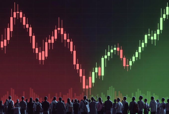 A stylized image of a stock or cryptocurrency candlestick chart with red and green candles, showing market volatility as silhouettes of people watch from below.