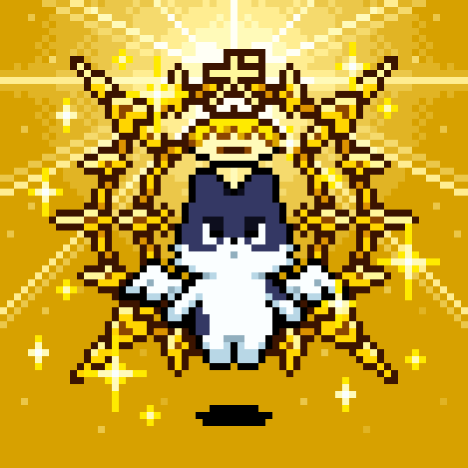 A pixel art NFT image featuring a crowned dog angel with golden, glowing angel wings and a halo, set against a radiant yellow background with sparkle effects, symbolizing the rare "Ciana Dog Angel" reward mentioned in the post for PlanetX Angels minting progress.