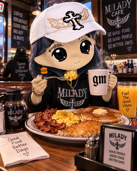 An anime-style character with a Milady cap and 'MILADY' sweatshirt eats breakfast at 'MILADY CAFE', holding a 'gm' mug with a full plate of pancakes, eggs, and bacon in front of her.