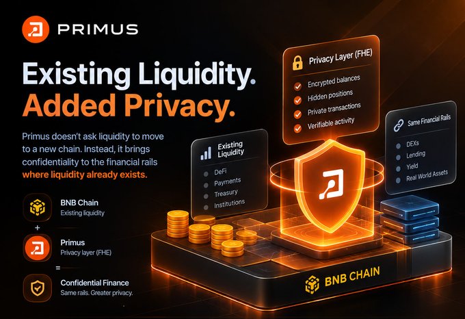A promotional graphic for 'PRIMUS' with the tagline 'Existing Liquidity. Added Privacy.' describes its 'Privacy Layer (FHE)' features including encrypted balances, hidden positions, private transactions, and verifiable activity, highlighting its connection to the BNB Chain.