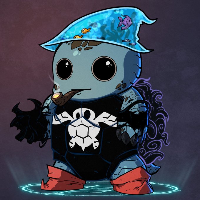 The image features a cartoon turtle wearing a hat with blue water inside of it, holding a pipe and smoking something that looks like a joint or a pipe. The turtle has a red boot on its feet and is standing on a floor. The background of the image is purple, which contrasts with the turtle's blue hat and adds to the overall visual appeal of the scene.