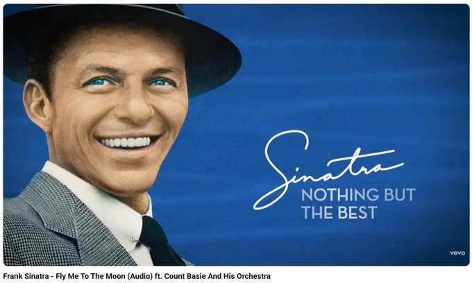 An AI-generated image depicting Frank Sinatra in a fedora with the text 'Sinatra NOTHING BUT THE BEST' alongside a YouTube thumbnail for 'Frank Sinatra - Fly Me To The Moon (Audio) ft. Count Basie And His Orchestra'.