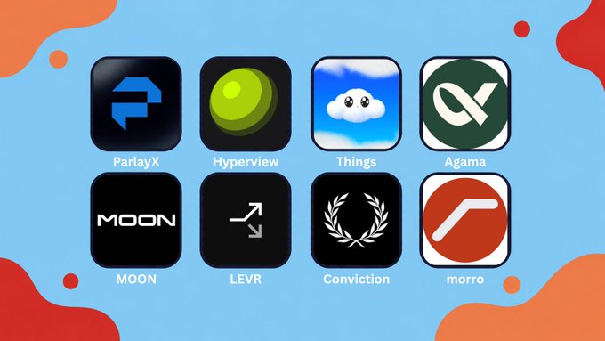 A display of 8 app icons on a blue background with red splatters, labeled ParlayX, Hyperview, Things, Agama, MOON, LEVR, Conviction, and morro.