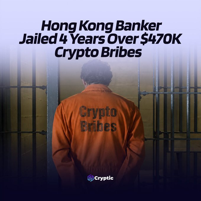 A hooded figure in an orange prison jumpsuit labeled "Crypto Bribes" stands facing prison bars, illustrating the headline "Hong Kong Banker Jailed 4 Years Over $470K Crypto Bribes." The graphic accompanies news of former China Construction Bank (Asia) manager Lam Chun-yin's 4-year prison sentence for accepting over $470,000 in USDT bribes.