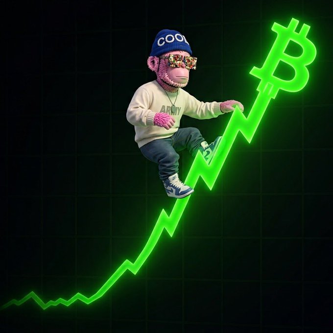 A 3D-rendered pink monkey character wearing a 'COOL' beanie and 'ARMY' sweater sitting on a glowing green Bitcoin price chart.