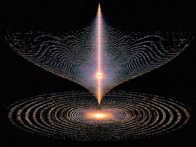 An abstract digital artwork featuring a glowing vertical light beam with a radiant diamond-shaped center and concentric circular patterns spreading outward against a black background.