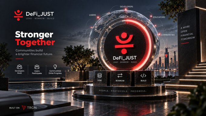 A promotional banner for 'DeFi_JUST' with the tagline 'Stronger Together,' showing a glowing circular logo with the text 'LEND - BORROW - BUILD' and 'BUILT ON TRON,' set against a futuristic cityscape at night.