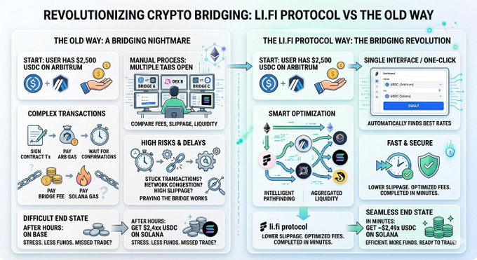 The image presents a comparison of two cryptocurrency bridging protocols - "Lifi Protocol" (LFI) vs traditional protocols like " Bitcoin Cash" (BCH). The infographic displays the differences between these two methods, including the advantages and disadvantages. One major advantage is that LFI allows users to manage transactions using smart contracts directly on the blockchain without going through a cryptocurrency exchange. 

The image also mentions Bitcoin Cash, which uses Bitcoin as its underlying currency instead of USDC, and the implications that this might have for users who wish to use their fiat currency in Bitcoin transactions. The post encourages users to consider the differences between these two methods when deciding which one suits their needs better.