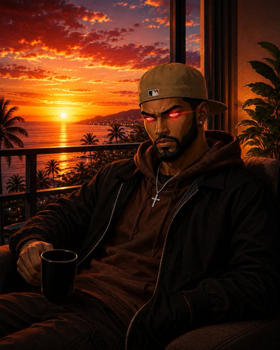 A stylized digital illustration of a bearded man wearing a backward MLB cap and a cross necklace, with glowing red eyes, holding a mug while sitting on a balcony overlooking a tropical sunset.