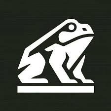 A minimalist black-and-white graphic logo depicting a stylized frog or toad silhouette on a solid black background.