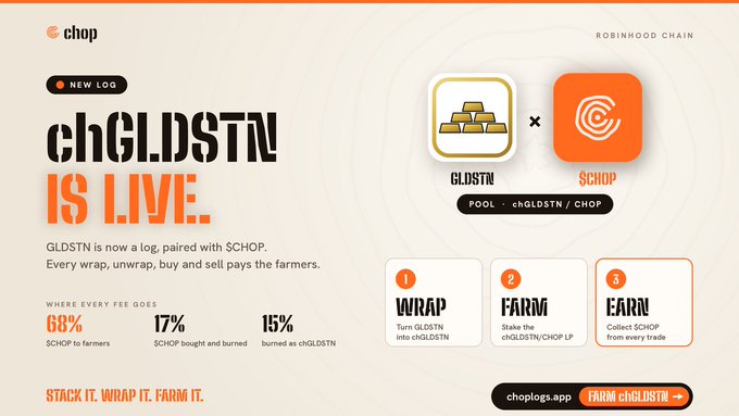 A beige promotional graphic for “chop” announces “chGLDSTN IS LIVE,” with partnership logos, fee breakdowns, and steps labeled “WRAP,” “FARM,” and “FARN.”