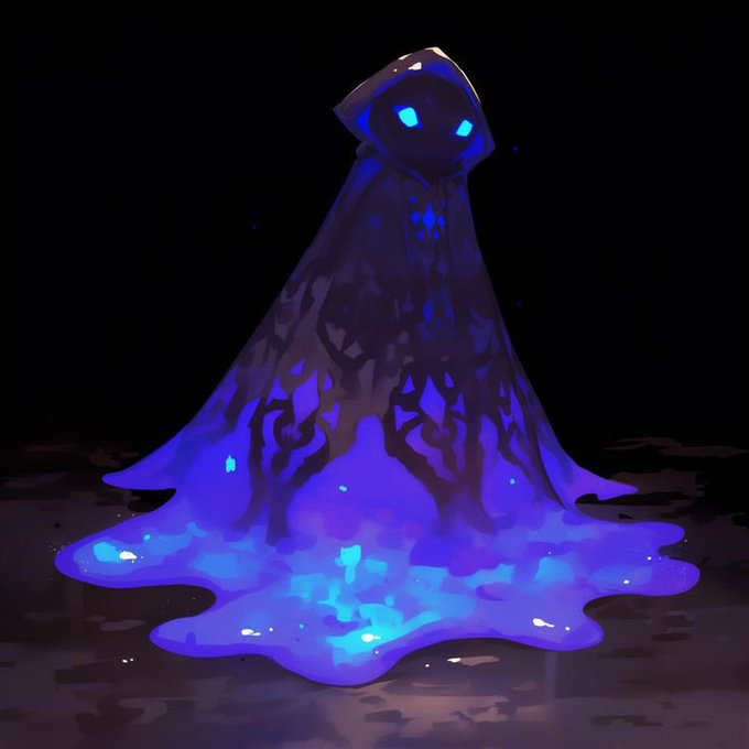 A digital illustration of a hooded, spectral figure with glowing blue eyes, wearing a tattered dark cloak that dissolves into a glowing blue, liquid-like puddle on the ground against a black background.