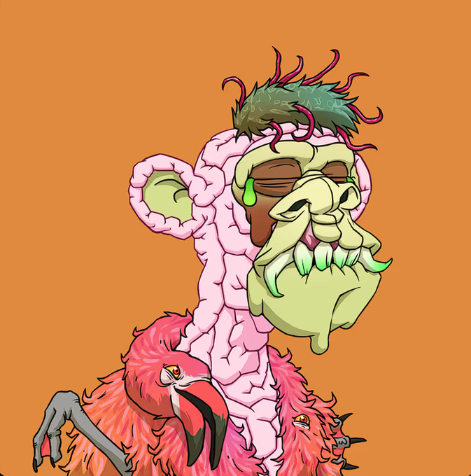 A cartoonish digital illustration of a bizarre creature with a long brain-like neck, green face with tusks, green hair with tendrils, and pink flamingo-like body parts, set against an orange background.