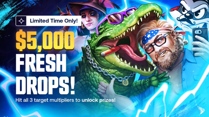 A promotional advertisement for a "$5,000 FRESH DROPS!" limited time offer, featuring illustrated characters including a person in a hat, an anthropomorphic crocodile wearing sunglasses and a gold chain, a man with a beard and American flag bandana, and a raccoon holding a phone.