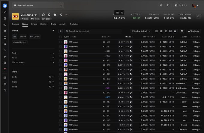 A screenshot of the OpenSea NFT marketplace displays the VRNouns collection page, showing a floor price of 0.017 ETH (~$31.60) with 10 floor sales, 24-hour volume of 0.38 ETH, and total volume of 15.38 ETH. The listing table reveals individual VRNoun items priced around 0.017 ETH, supporting the post's claim about recent trading activity and the NFT's rising value.