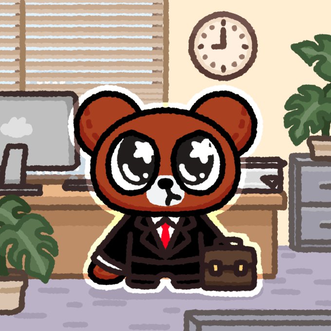 A cute pixel-art illustration shows a brown bear character wearing a black suit and red tie, holding a briefcase in a cartoon office setting.