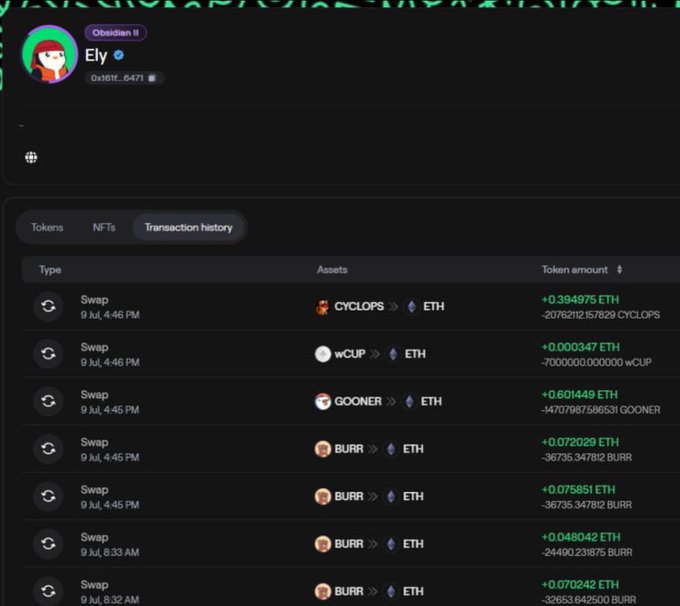 A screenshot of a crypto transaction history for user "Ely" (Obsidian II), showing multiple swap transactions on July 9th involving tokens like CYCLOPS, wCUP, GOONER, and BURR being converted to ETH. The image illustrates Ely selling off various meme tokens for ETH at low prices, tying into the post's teasing remark about missing out on potential gains during "Abstract August."