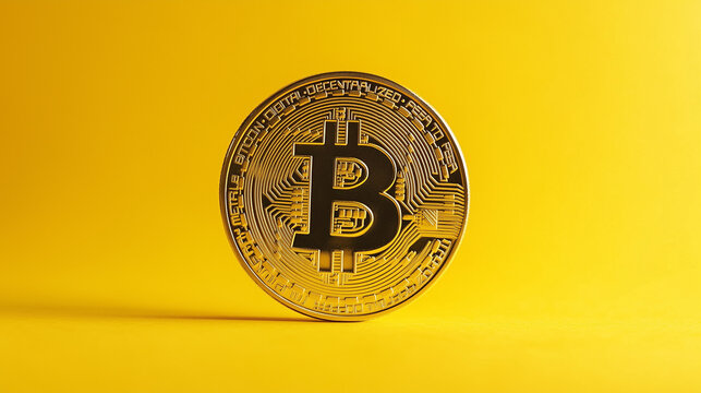 The image features a gold-colored Bitcoin coin, which is the main focus. The coin has a black center and is placed against a yellow background. There are no other objects or texts present in the image.