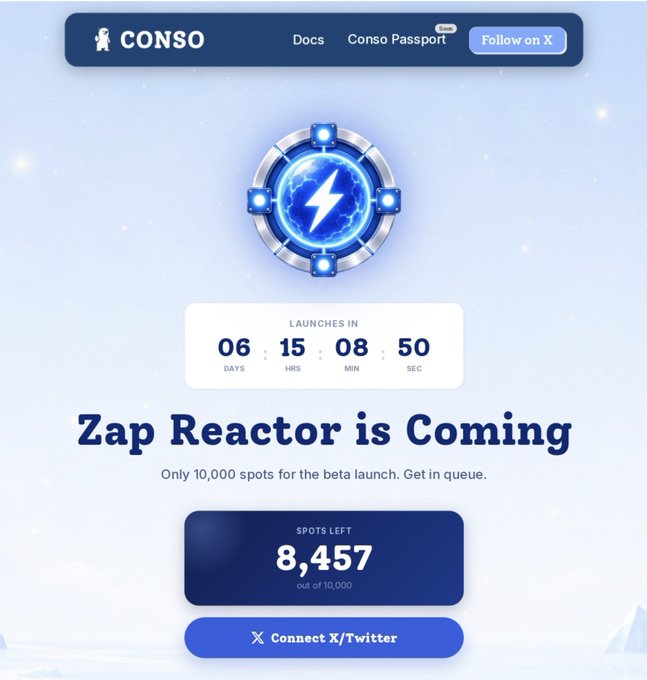 The image shows a Conso "Zap Reactor is Coming" beta launch page featuring a countdown timer (06 days, 15 hours, 08 minutes, 50 seconds) with 8,457 of 10,000 spots remaining and a prompt to connect X/Twitter, directly promoting the @conso_xyz early access initiative for mining ZAPS through AI activity.