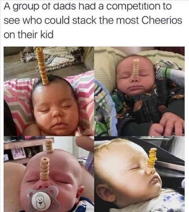The image shows a baby sleeping with cereal on its head, surrounded by four other photos of babies with cereal on their heads. The caption reads "A group of dads had a competition to see who could stack the most Cheerios on their kid".