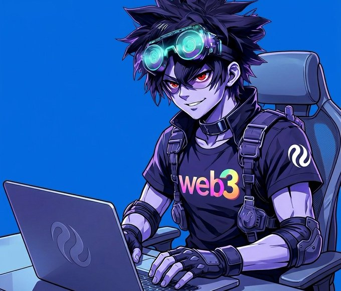 The image features a man sitting at a desk, wearing a black shirt with "WEB3" written across his chest. He's using a laptop computer while smiling for the camera. The background of the image is blue, which complements the man's attire and adds to the overall aesthetic of the scene.