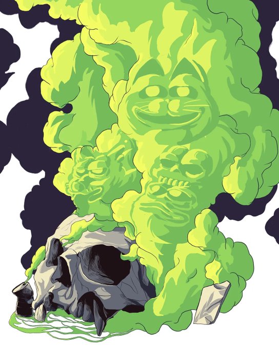 A cartoonish skull emits a plume of toxic green smoke forming multiple mischievous, grinning demon faces, evoking a "gigachad" or "mememan" meme aesthetic tied to the "MemeBlowing" NFT collection on Transient Labs. The stylized, vibrant artwork complements the playful meme culture theme referenced in the post's 1/1 auction listing.