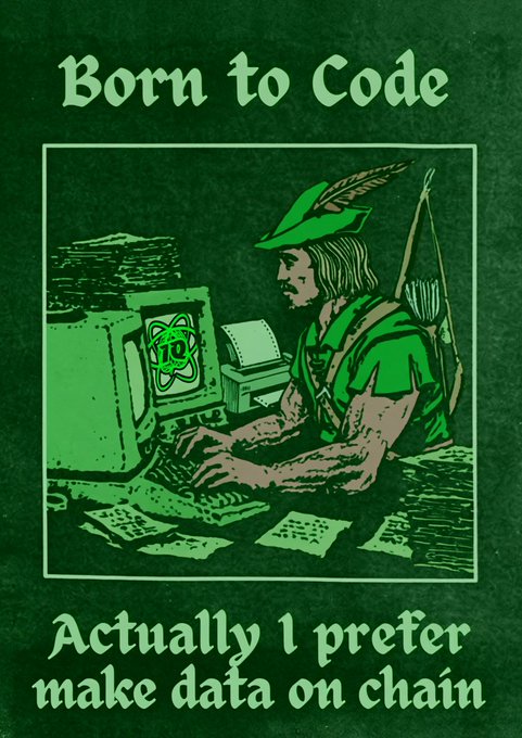 A green vintage-style graphic with the text 'Born to Code' and 'Actually I prefer make data on chain', depicting an illustration of a Robin Hood-like figure coding at a computer.