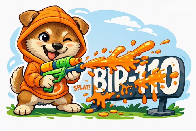 A cartoon illustration of a cute puppy in an orange hoodie firing a green and yellow water gun filled with orange liquid at a sign labeled 'BIP-110' with the word 'SPLAT!' nearby.