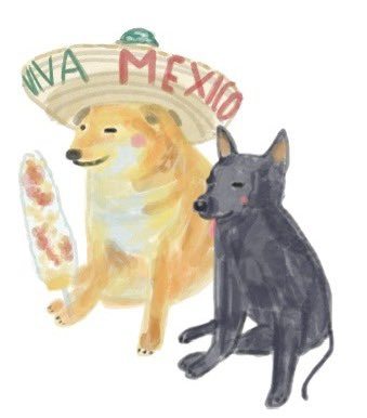An illustration of a golden dog wearing a sombrero with "VIVA MEXICO" written on it, holding what appears to be a burrito, sitting next to a black dog.